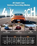4K Dash Cam Avant et Arrière, Commande vocale, Gratuit 64GB Carte, Wi-Fi 6 Caméra double Dash pour voitures, intégrée GPS, Écran IPS, 2K HDR, NightEagle Moteur, 25H Mode Park, Smart Dashcam