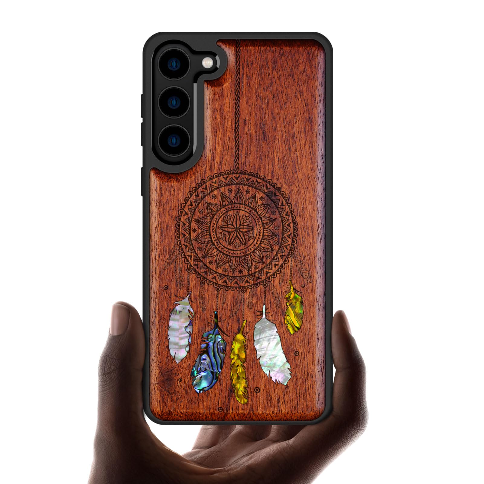 Carveit Coque pour Samsung S23 Étui Bois, (Rosé-Dreamcatcher)