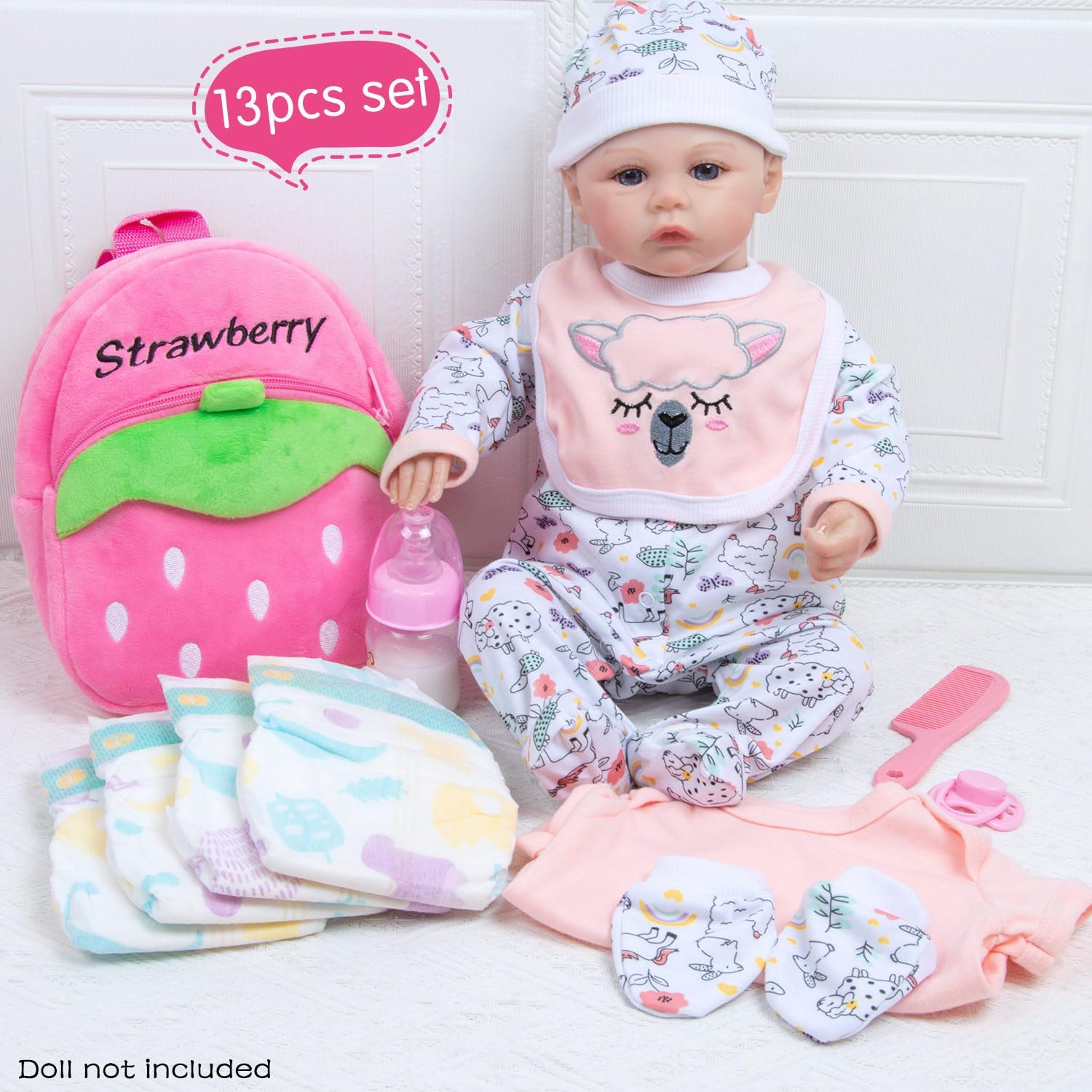 13 Pcs Set Reborn Baby Dolls Clothes Girl Outfit Accessories Pink Sheep Print for 17-22 Inch Reborn Dolls Newborn Girl with Pink Strawberry Backpack Diaper