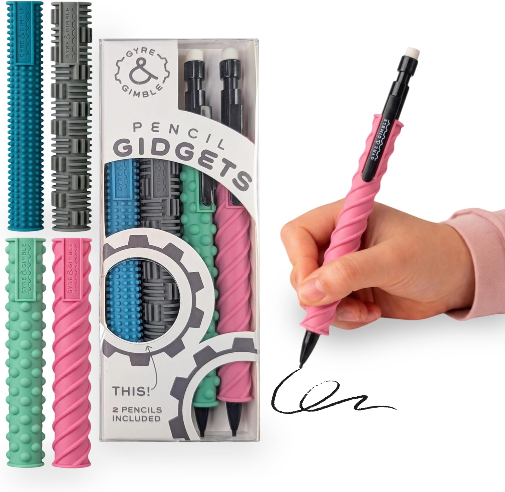 Pencil Gidgets – Textured Silicone Pencil Sleeve for Quiet Fidgeting – Transform Your Mechanical Pencil into a Sensory ADHD Tool for Kids and Adults – 4 Sleeves & 2 Pencils