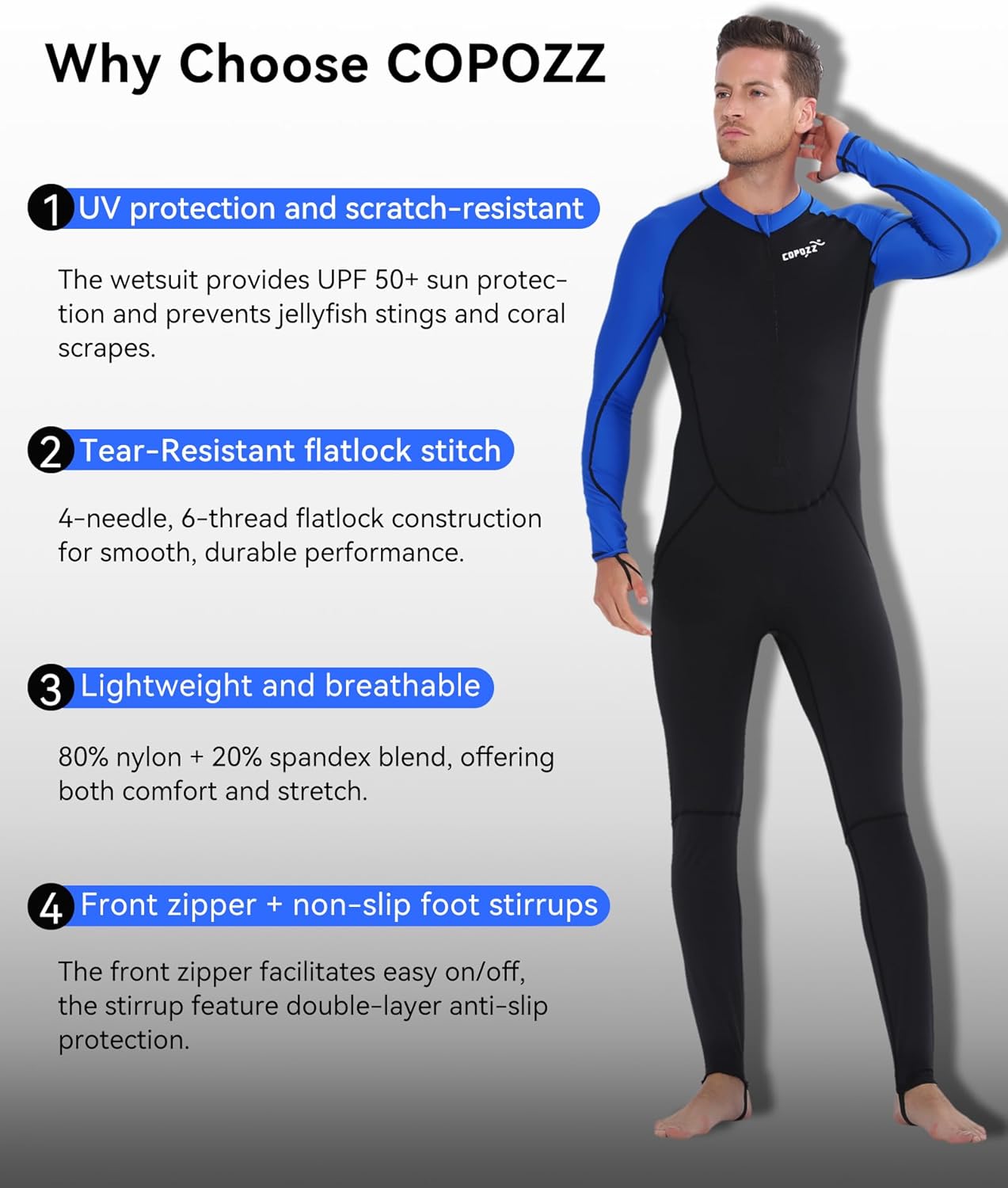 COPOZZ Mens Wetsuit – Front Zip Wet Suit for Snorkeling, Surfing, Scuba Gear, Paddleboarding, Water Sports