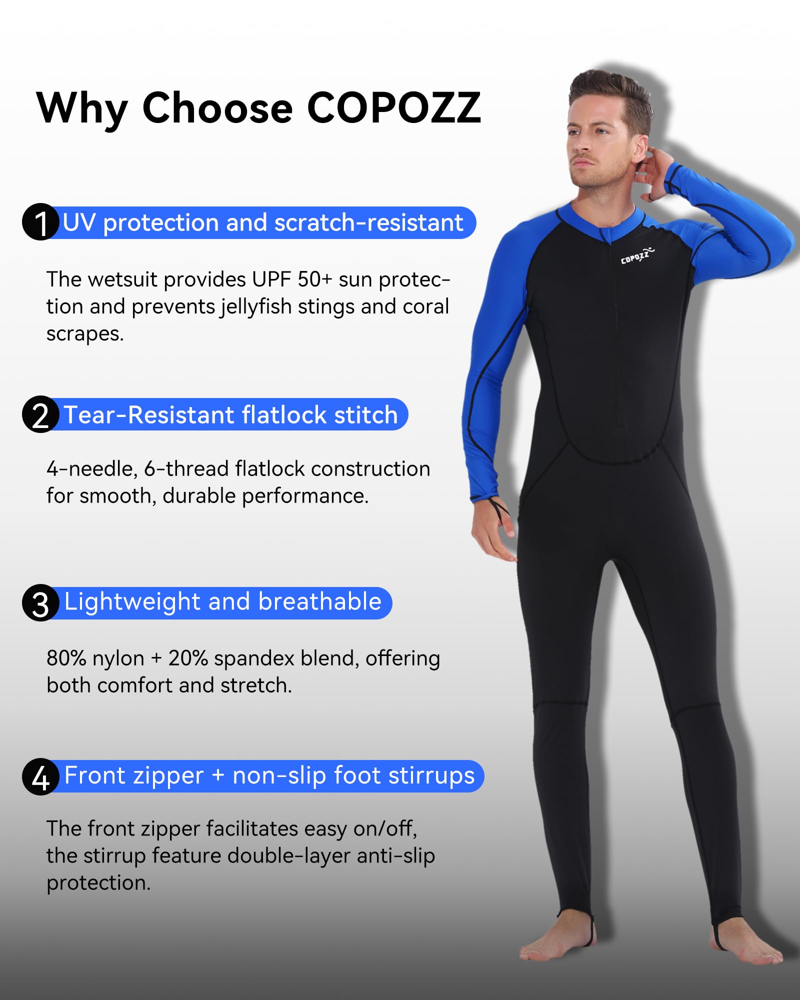 COPOZZ Traje de neopreno para hombre, UPF50+, de piel de buceo, traje de neopreno para hombre, con cremallera frontal, súper elástico para esnórquel, buceo, natación, surf (azul, talla 2XL)