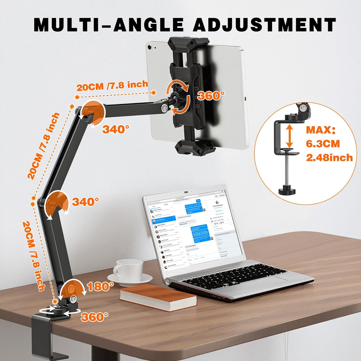 Tablet Stand Holder, iPad Desk Mount with 360°Rotate Base, Adjustable Foldable Sturdy Arm iPad Holder, Metal Clamp for Desktop Table Bed Kitchen, Compatible with 4.7-13.5inch Tablets