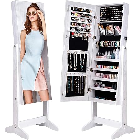 Camabel Jewelry Cabinet Organizer Full Length Glass Mirror Armoire Stand Store Chains Wire Earring Beaded Necklace Bracelet Ring Holder Box Standing Storage Frameless Lockable 3 Angel Adjustable White