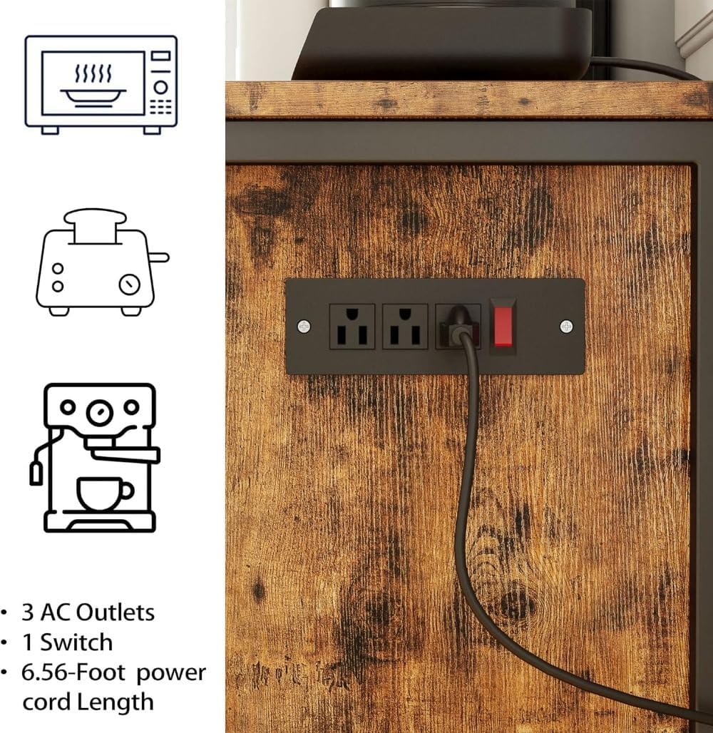 Storage Trolley Storage Cabinet with Charging Station and Wheels, 31.5" Kitchen Cart with Shelves, Industrial, Vintage Brown Shelving Organizer