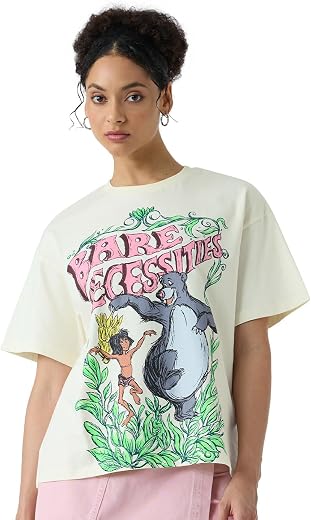 The Souled Store Official Disney: Bare Necessities Women and Girls Short Sleeve Round Neck White Graphic Print Cotton Over...