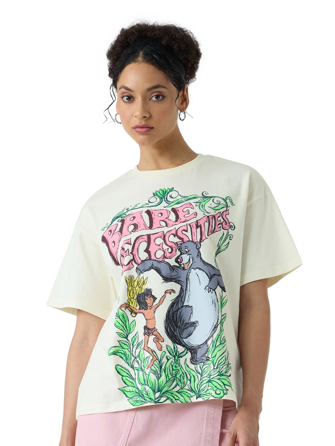 The Souled Store Camiseta oficial Disney: Bare Necessities Mujeres y Niñas Manga Corta Cuello Redondo Blanco Impresión Gráfica Algodón Oversize Fit Camiseta Disney Old Retro Cartoon 90s con tema