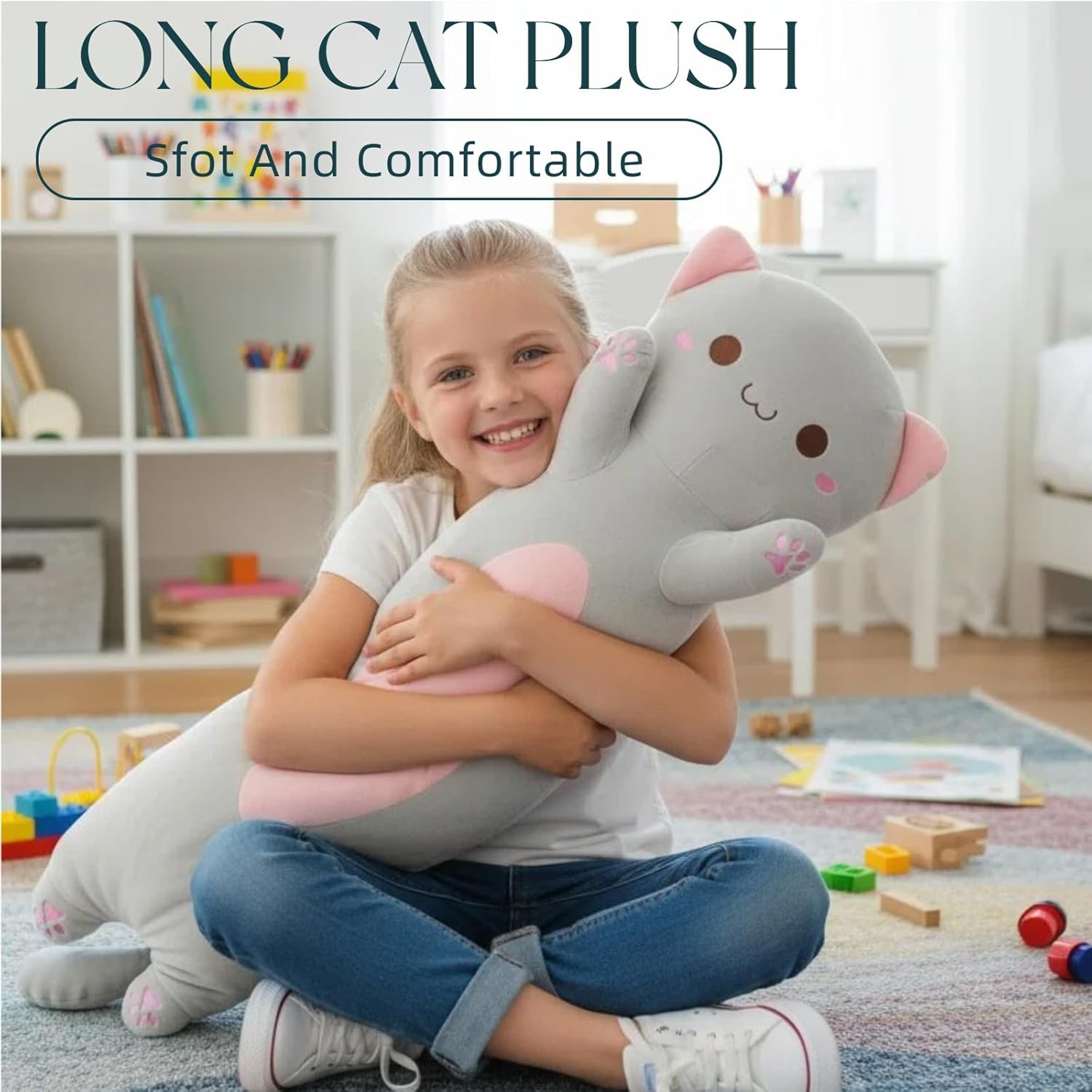 Somao Long Cat Plush Pillow - 35.4 Inch Ultra Soft Stuffed Animal Body Pillow for Kids & Adults, Cute Kawaii Kitten Plushie Toy, Gift for Cat Lovers, Girlfriend, Girls Birthday (Big Eyes Gray) - Image 2