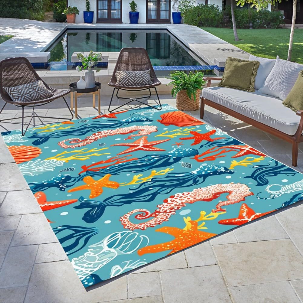 Blue Octopus Red Starfish Coral Modern Illusion Ocean Animal Theme Deco Area Rug 2x6 Machine Washable Quick Dry Rug for Patio Deck Porch Balcony Pool