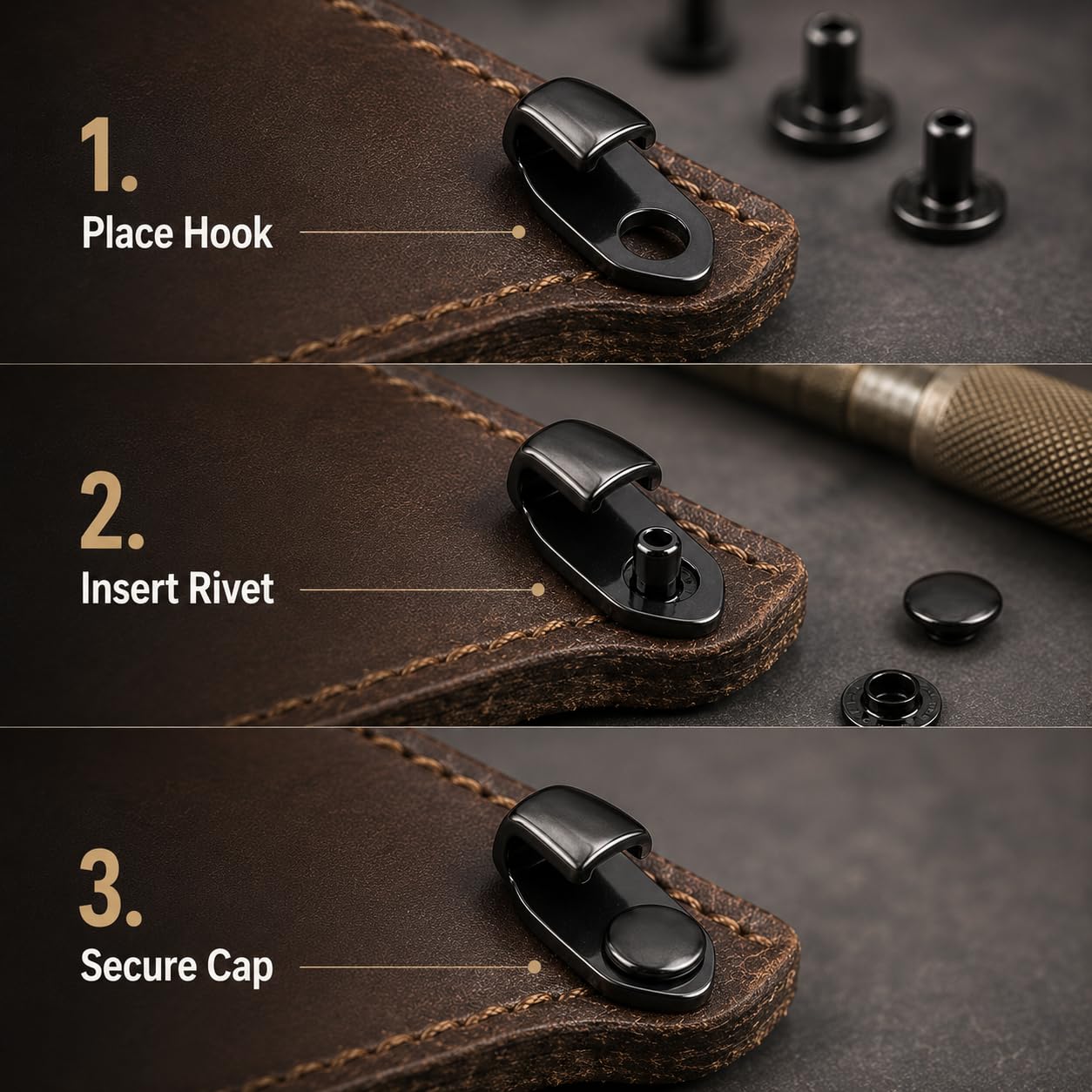 HEAVY DRIVER 20 Sets Metal Boot Hooks with Rivets | Alloy Shoelace Buckles for Hiking Boots, Climbing Shoes, Bag Straps & DIY Leather Craft Repair Accessories (Black) 3