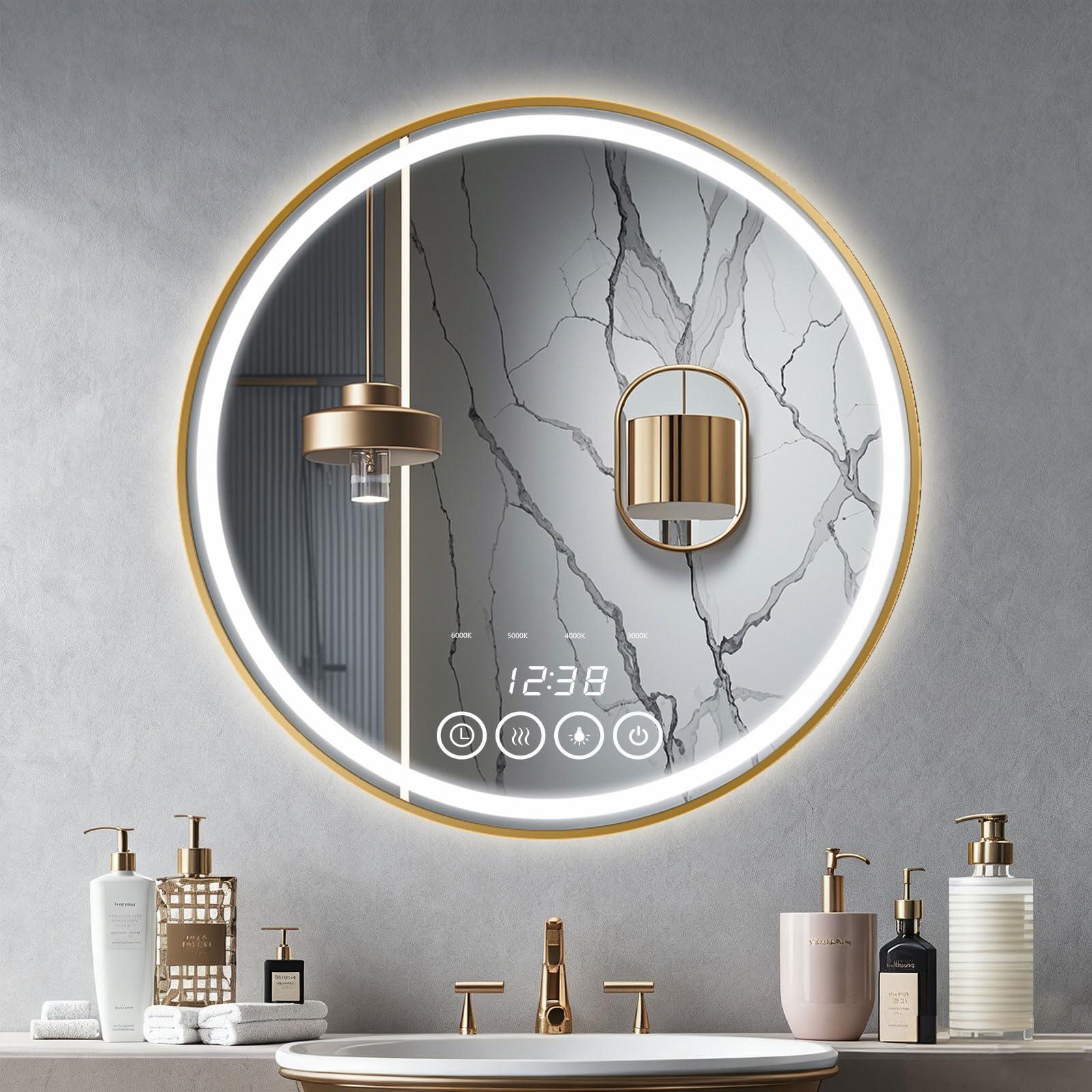 24 Inch Wall-Mounted Round Bathroom Mirror with LED-Lights - Frame Vanity Mirrors 24 x 24 Gold