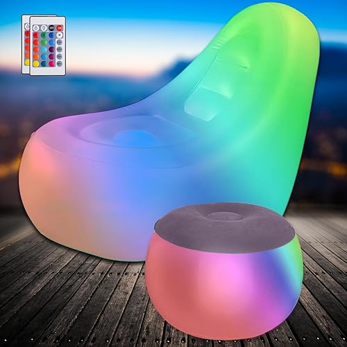 LED Light Air Sofa with Ottoman, Indoor/Outdoor LED Inflatable Chair, Big Size Brow Up Illuminated Sofa, Lazy Couch with LED Lights and Ottoman for Party, Yard, Indoor Rooms