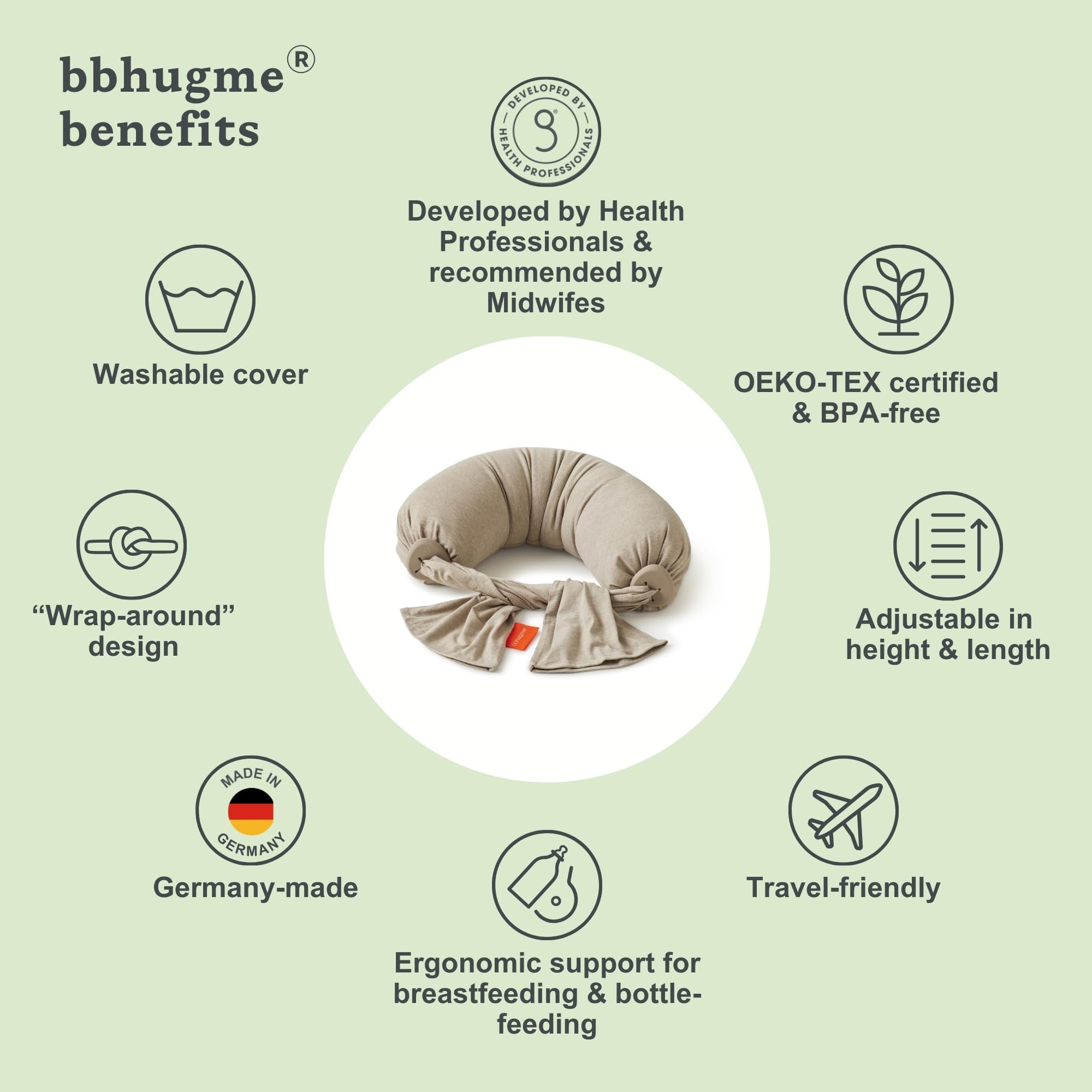 bbhugme Verstellbares Stillkissen – Stillen, Flaschenfütterung, Babyunterstützung – Einstellbare Festigkeit und Passform – waschbarer Kissenbezug – Seashell Beige
