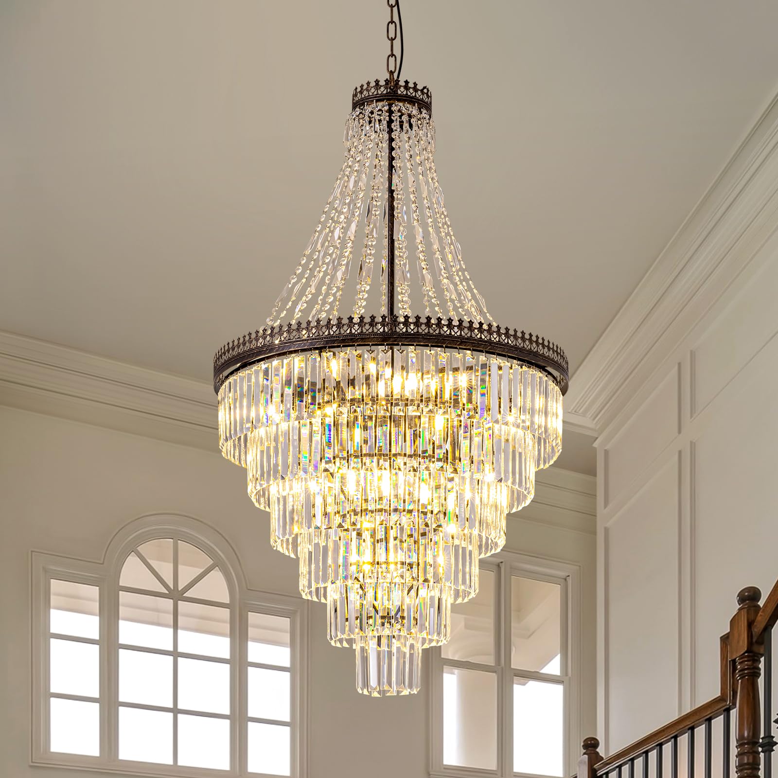 7PM French Empire Crystal Chandelier, Large Vintage Chandelier for High Ceiling, 6-Tier Antique Bronze Lighting, Farmhouse Ceiling Light Fixture for Foyer, Entryway, Living Room, 28" Wx48''H