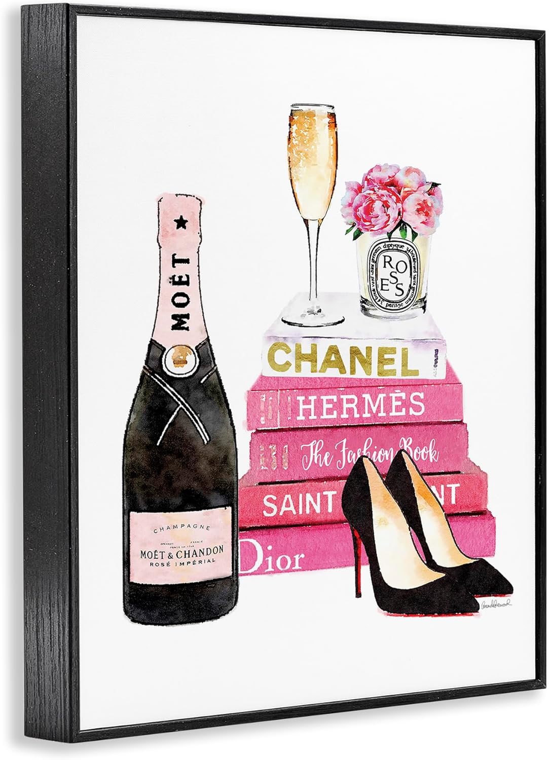Stupell Industries 'Glam Pink Fashion Book Champagne Hells and Flowers', Framed Giclee Art, Black, 24 x 30 Inches, Easy to Hang and Sturdy, Made in USA, by Amanda Greenwood