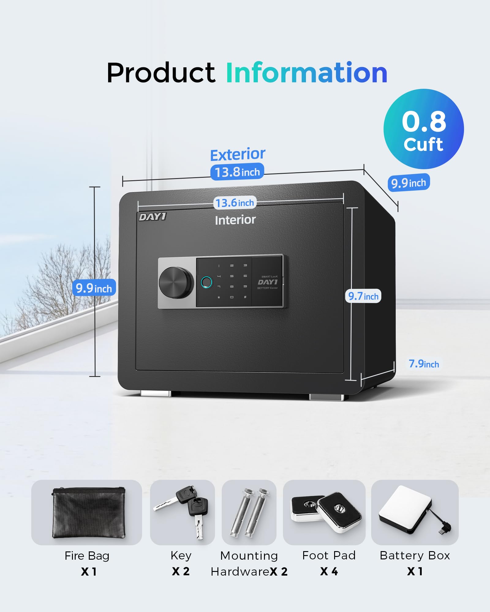 DAYI Cassaforte biometrica per impronte digitali, cassaforte domestica da 0,8 metri cubi con borsa ignifuga, touchpad digitale, cassaforte di sicurezza per denaro, contanti, documenti, doppio sistema