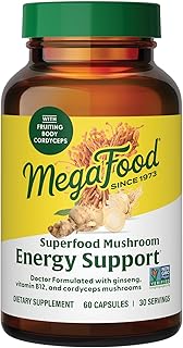MegaFood Superfood Mushroom Energy Support - Cordyceps Mushroom Supplement with Methylated B12 Vitamins & Panax Ginseng - Doctor Formulated, Gluten-Free, Vegan - 60 Capsules, 30 Servings
