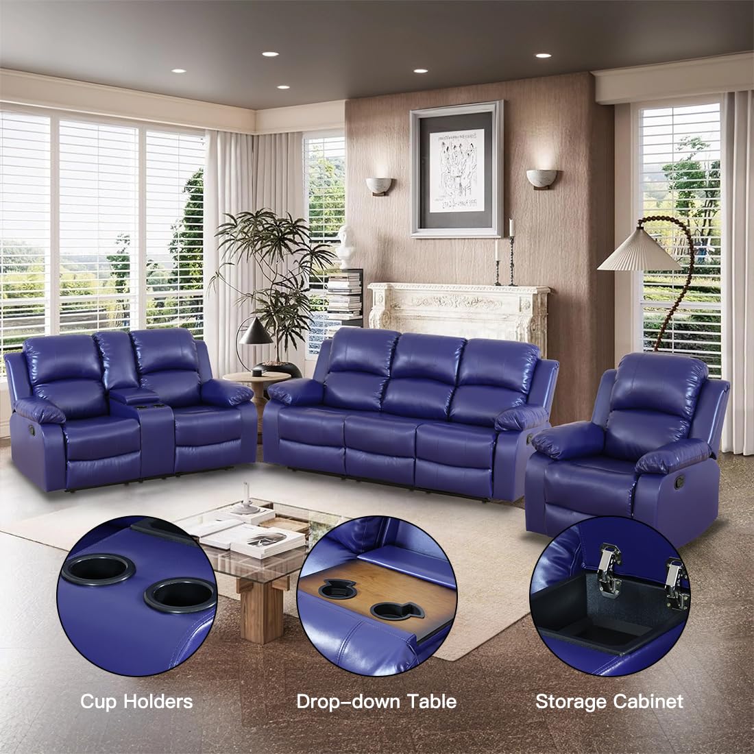 Toseslo Manual Reclining Couch Sofa Set with Drop-Down Table, 3 Pieces Blue Leather Recliner Couch Sets, Living Room Furniture Sets, Recliner Sofa with Storage Console/Cup Holder for Home/Apartment view 4