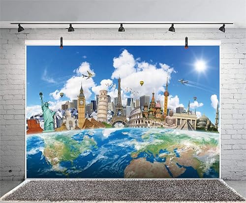 Miniatura 3 de Yeele Fondo de pantalla de 10 x 8 pies alrededor del mundo para fotografía, globo, viajes, famoso monumento mundial, vacaciones, foto, telón de