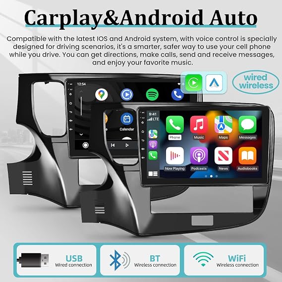 NHOPEEW 2+64G 10.1 inch Android Car Stereo for Mitsubishi Outlander 2018-2021 with Wireless Carplay and Android Auto Touchscreen Bluetooth Radio with GPS WiFi HiFi + AHD Backup Camera and Mic