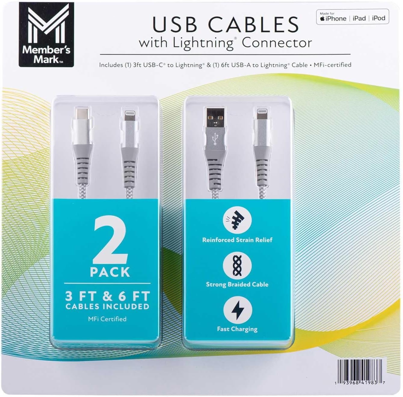Member's Mark MEMBER'S MARK Apple USB Type A-to-Lightning 3ft and 6ft Cables - 2 Pack