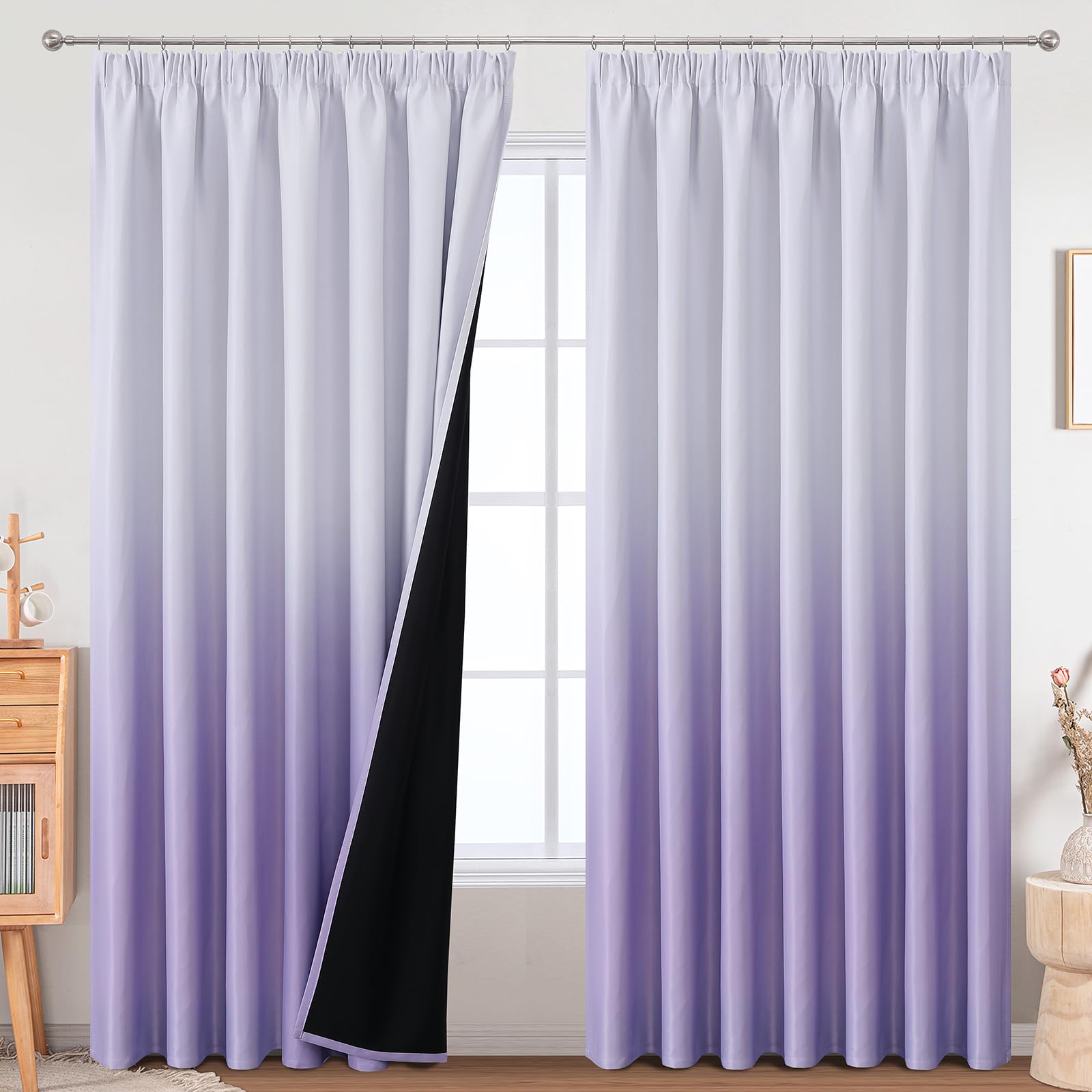VEHEDE Large Blackout Curtains 90 Inch Length, Extra Wide Big Thermal Insulated Lilac and White Ombre Pencil Pleat Curtain for Living Room, Gradient Noise Reducing Drapes for Living Room, W90 x L90