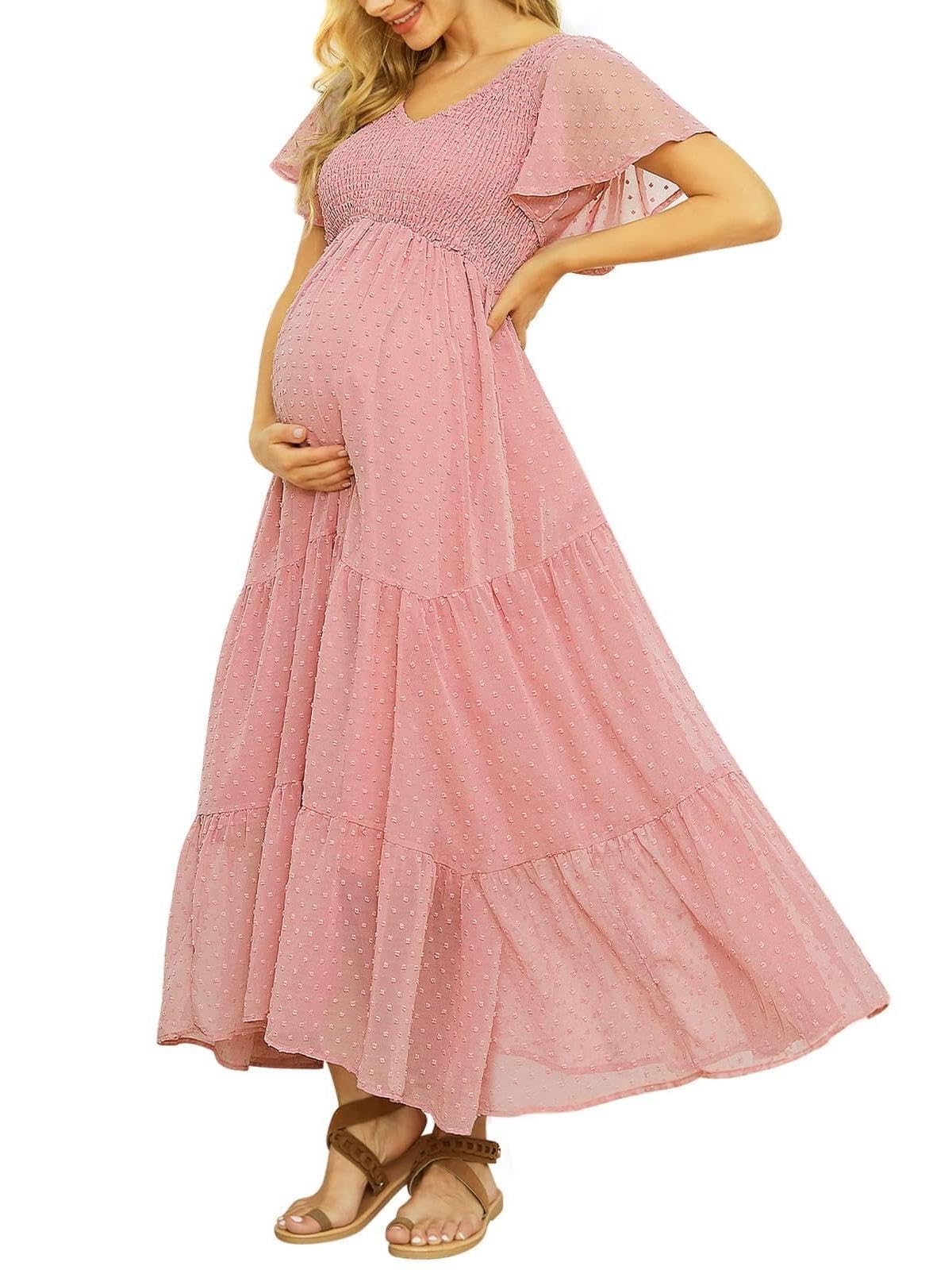 guruixu Swiss Dot Robe de maternité, col en V, Manches à Volants, pour séance Photo, fête prénatale, Robe de Grossesse smockée