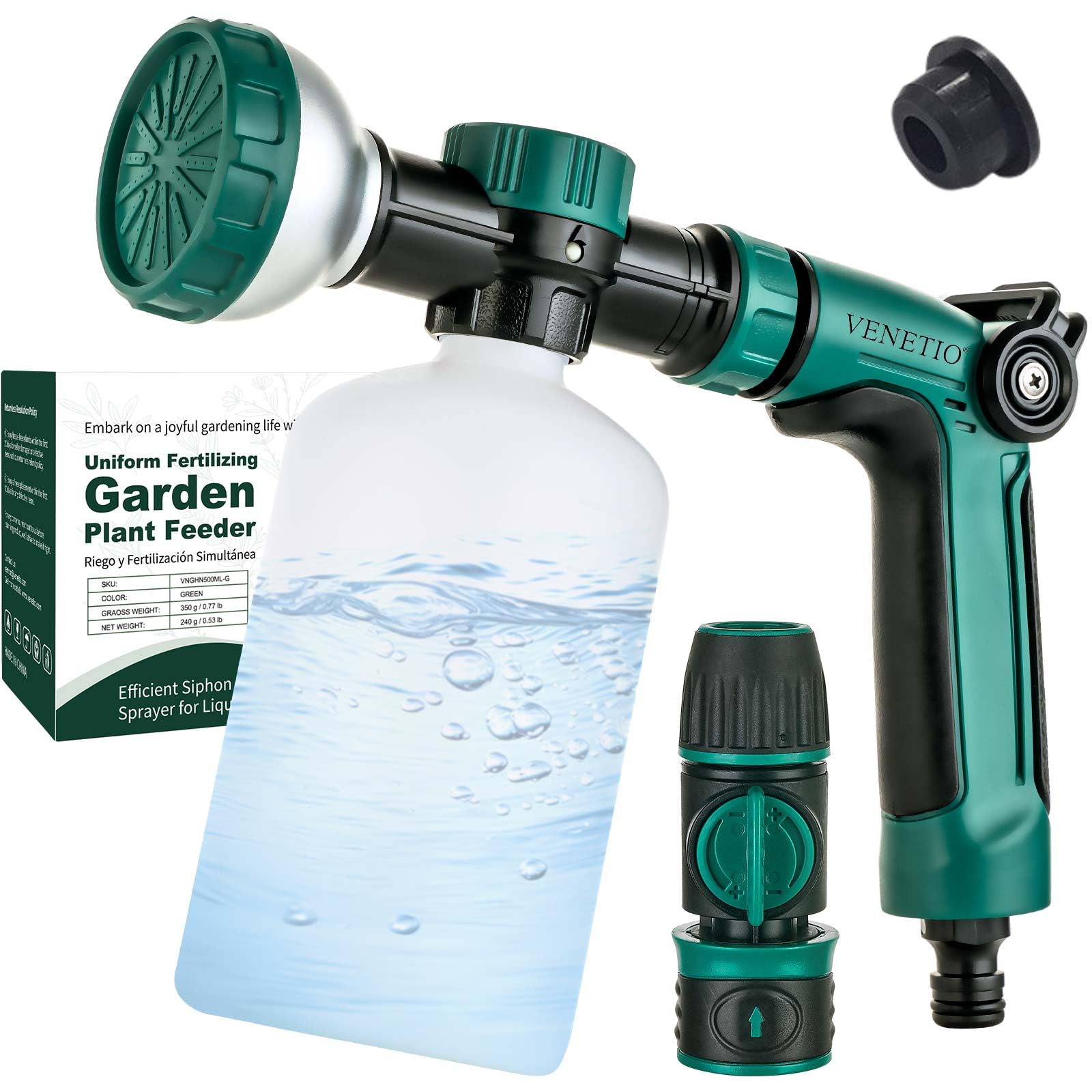 VENETIO 8-Dial Hose Nozzle Sprayer Pro with Quick Connect Fittings for Uniform Fertilizing & Watering Plants | Precision Lawn and Garden Feeder for Liquid Fertilizer, Car/Dog Wash Soap, 500mL Bottle