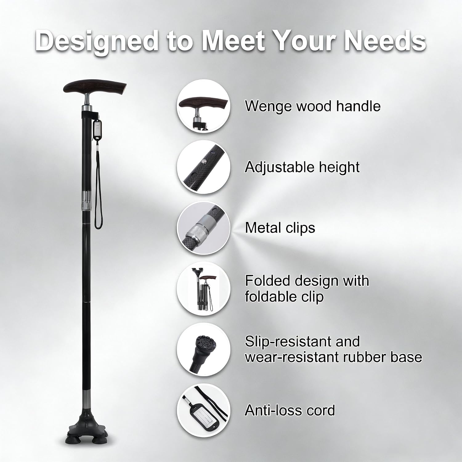 Adjustable Walking Cane for Men & Women, Premium Carbon Fiber Black Cane,Folding Walking Cane,Ultralight 0.55 Lb,Supports 300 Lbs,Walking Stick for Seniors