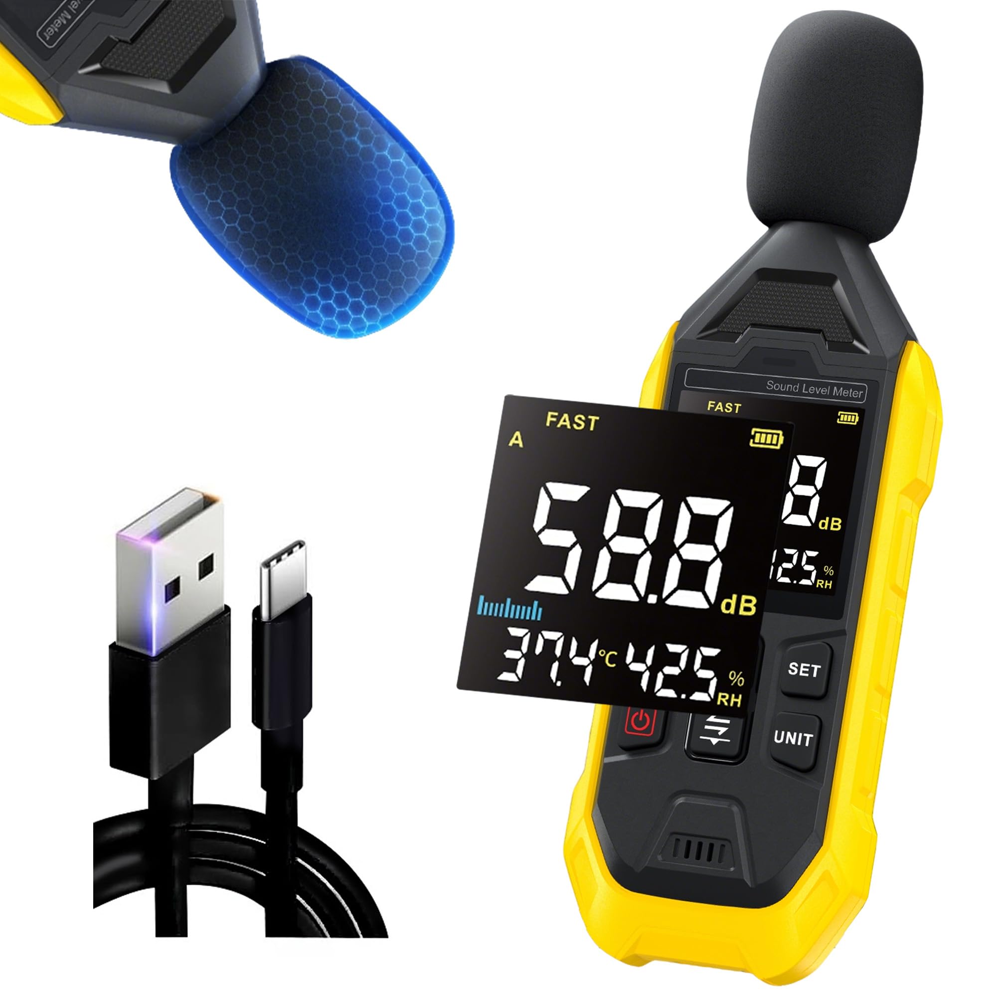 FDM01 Misuratore di decibel 600 mAh,Misuratore decibel ricaricabile,Da 30 dB a 130 dB,Min/AVG/Max Fonometro con Indicatore luminoso di allarme,Schermo a colori retroilluminato,Ponderato A