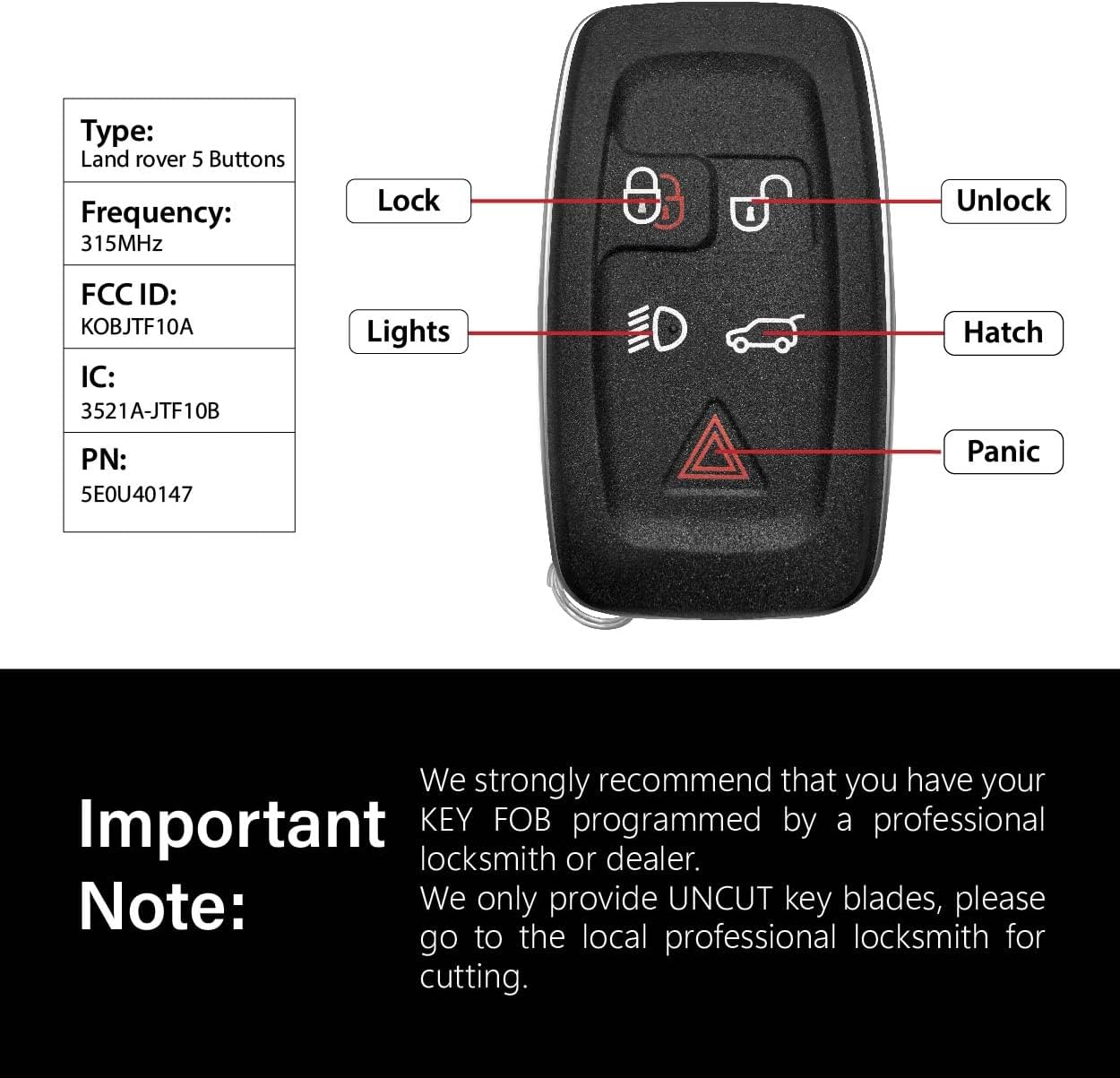 Replacement for 2012 - 2018 Land Rover LR2 LR4 Discovery Key Fob Remote Control KOBJTF10A 5 Buttons 315MHz - Image 3