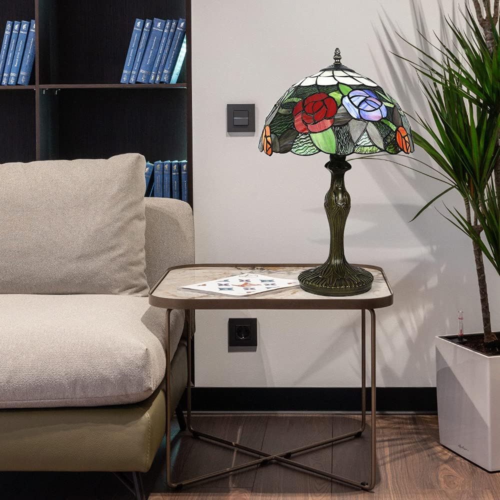 Table Lamp Rose Decorative Glass Reading Lamp, Bronze Base Tiffany Lamp Floor Lamp Color, Antique Arts and Crafts Gifts, Pull Switch Led Table Lamp, Living RoomOfficeBedroomStudy E27