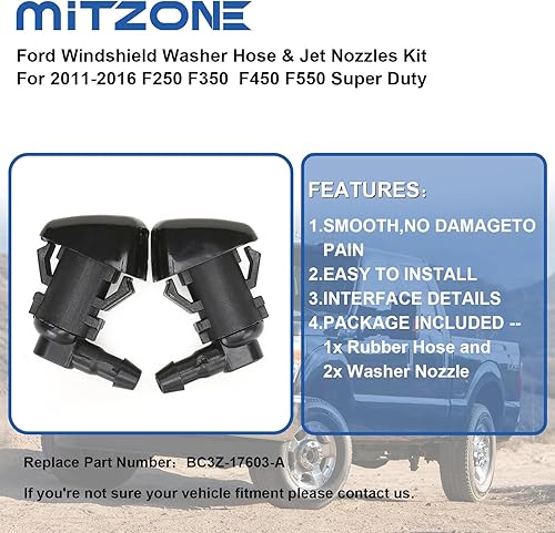 Miniatura 4 de MITZONE Kit de boquilla para limpiaparabrisas compatible con Ford F-250 F-350 F-450 F-550 Super Duty 2011-2016 Reemplazo BC3Z-17603-A