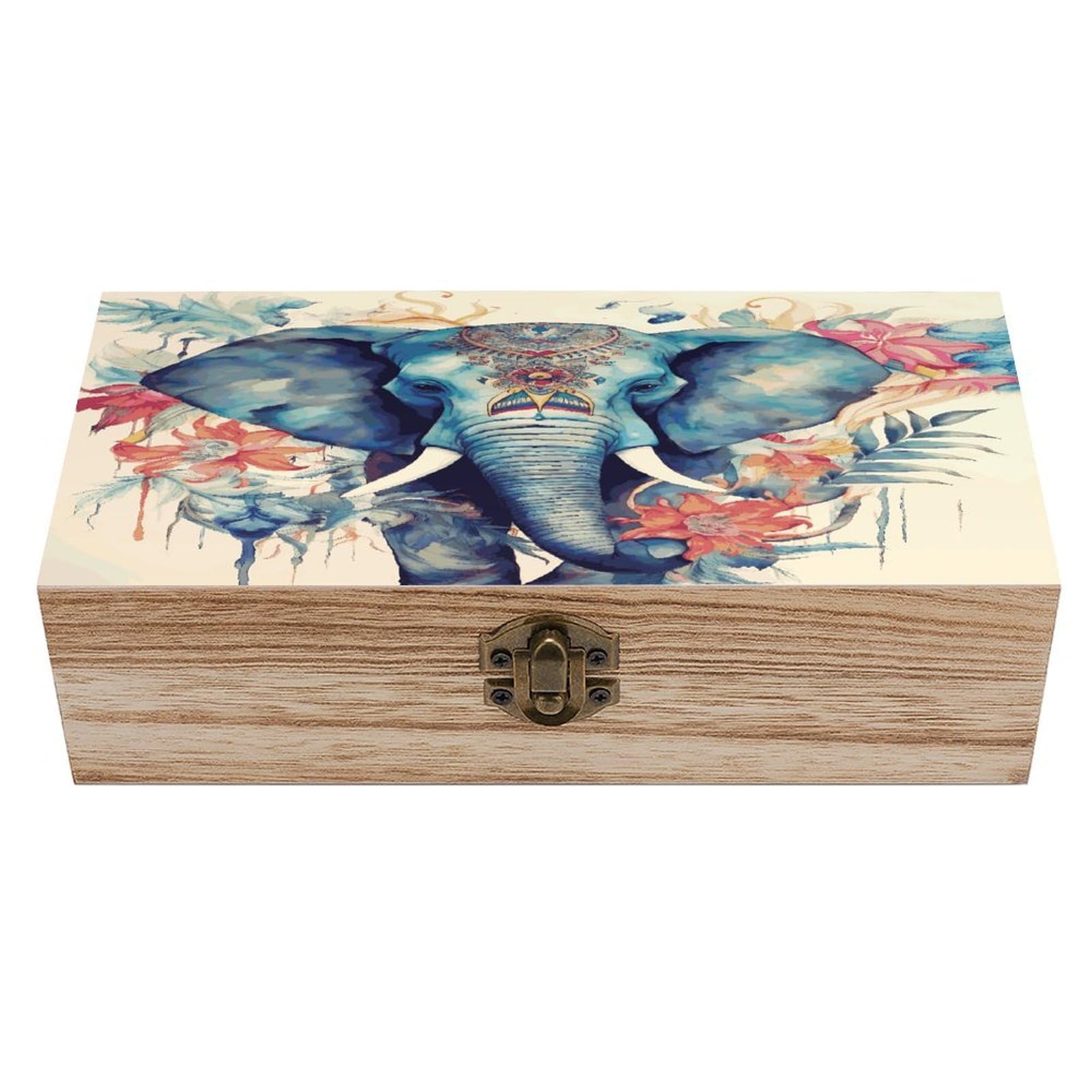 JTREHY Peacock Feathers Elephant Wooden Keepsake Box Vintage-Style Wood Keepsake Case with Hinged Lid Solid Wood Boxes Beautifully Memory Treasure Case Vintage-Style Wooden Storage Box
