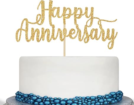 Happy Anniversary Cake Topper - Wedding & Birthday Decorations, Gold Glitter