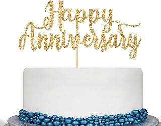 Happy Anniversary Cake Topper - Wedding & Birthday Decorations, Gold Glitter