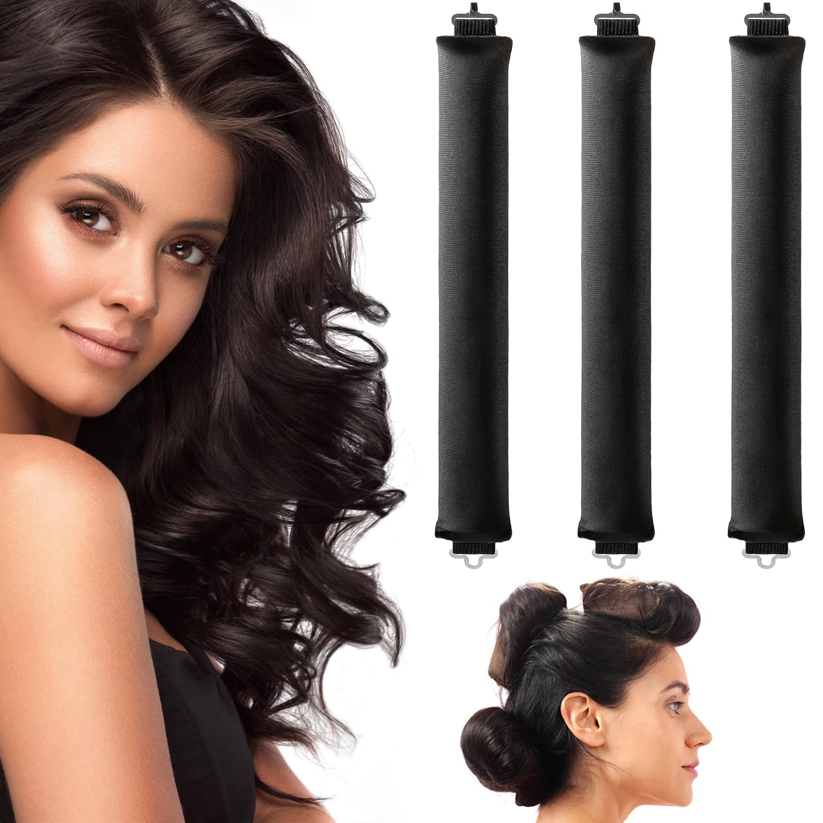 BukelaHeatless Hair Curler, overnight blowout rods, 3 PCS Heatless Hair Rods, Flexi Rods with Hook, Heatless Curls for Blowout Hair (Black, One Size)