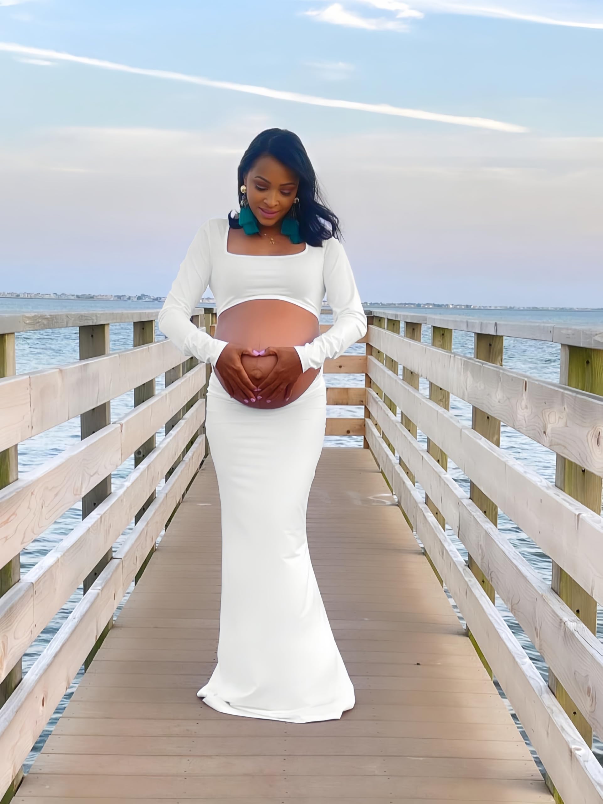 Robe de Maternité à Manches Longues Robe de Grossesse Photographie Robe Enceinte Shooting Col Carré