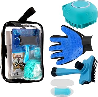 Pets Grooming Kit with Clear bag with dogs accesories inside. includes cat and dog teeth cleaning, shampoo brush, deshedding brush for cats, dog brush for shedding and brush glove. Best for dog wash station. Good alternative of pet supplies or cat accessories. ¡the best pet grooming kit with your own travel bag!