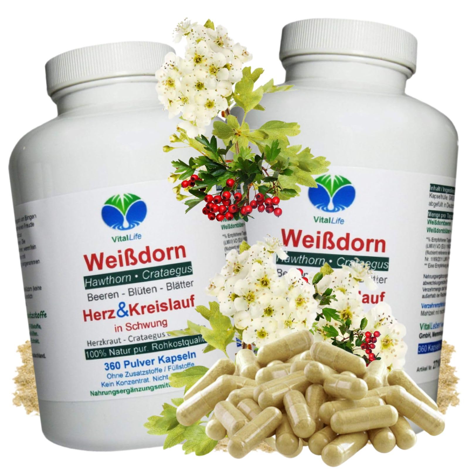 WEISSDORN Weißdorn HERZ-KREISLAUF 360 Kapseln 2x180 "HERZKRAUT" NATUR pur Weißdornbeeren & Weißdornblätter & Weißdornblüten. OHNE ZUSATZSTOFFE. 27100-4