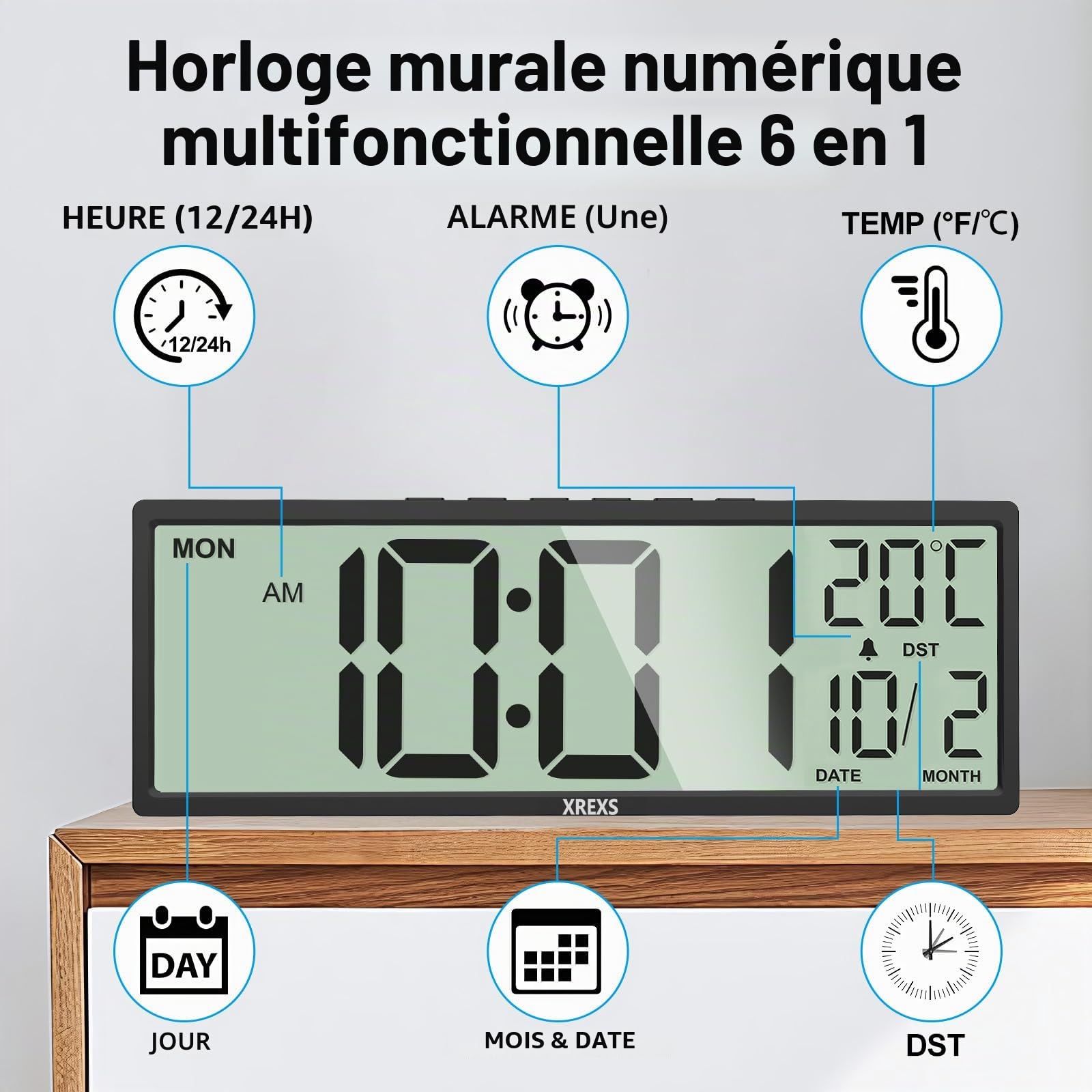 XREXS Horloge Murale Numérique 14,5 Pouces Heure Calendrier Température DST Piles Noir