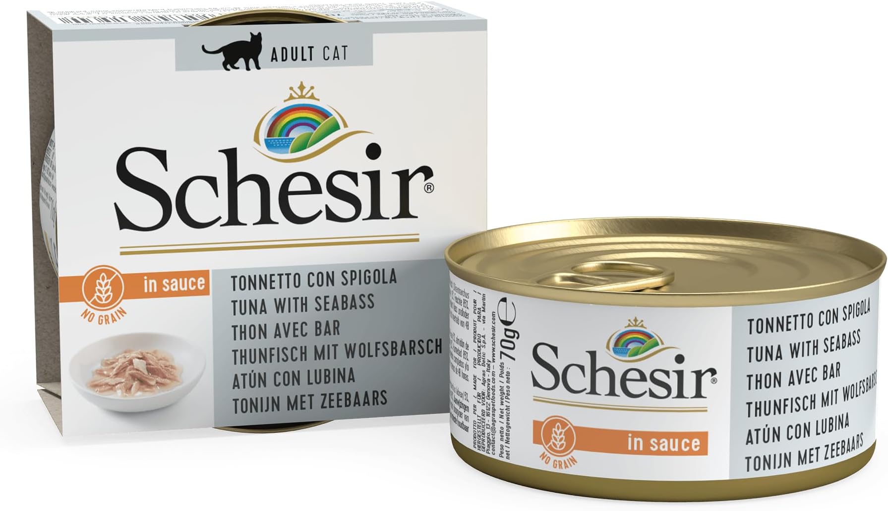 SCHESIR CAT In salsa naturale con tonno e spigola 70gr - Mangimi umidi per gatti