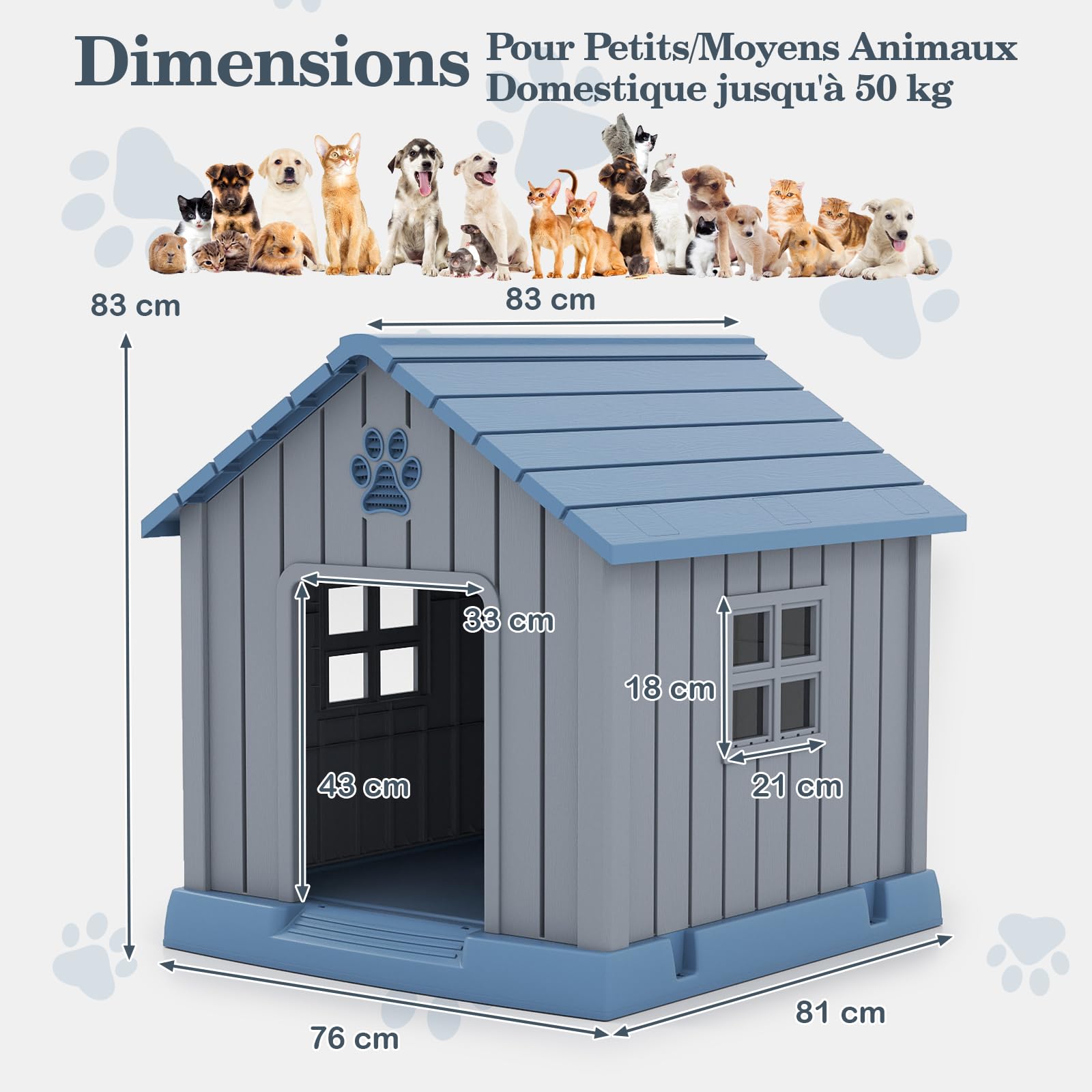 COSTWAY Niche pour Chien Exterieur Interieur en PP, Toit en Pente, 2 Fenêtres, Aérations, Cabane Chien Exterieur, 4 Piquest de Sol, Base Surélevé, pour Chiot Chat Lapin, 76 x 83 x 83 cm