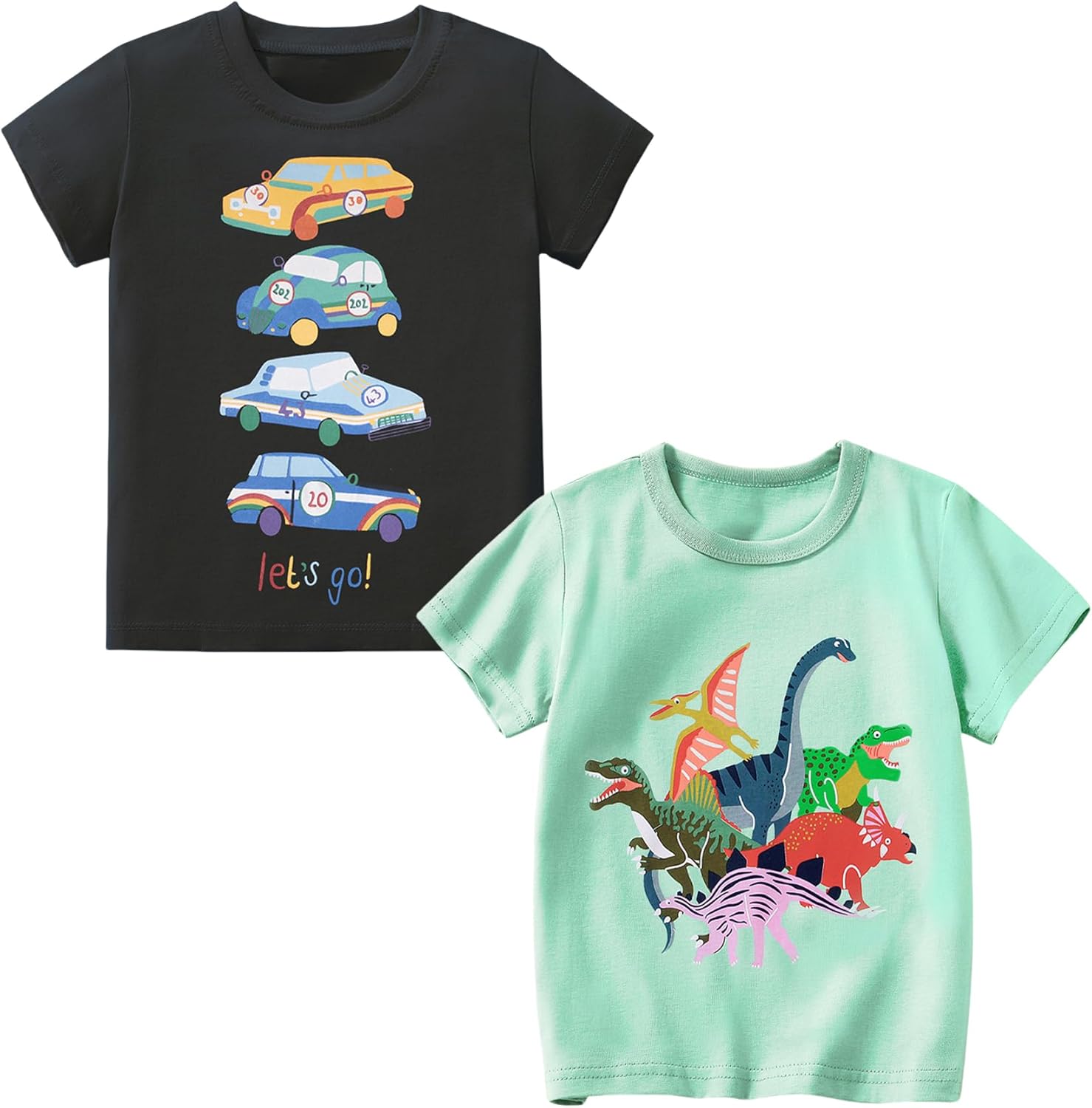 Set 2 T-Shirt Bambino Con Stampa Dinosauri E Escavatori - Magliette Maniche Corte In Cotone Morbido 3-8 Anni - Foto 2