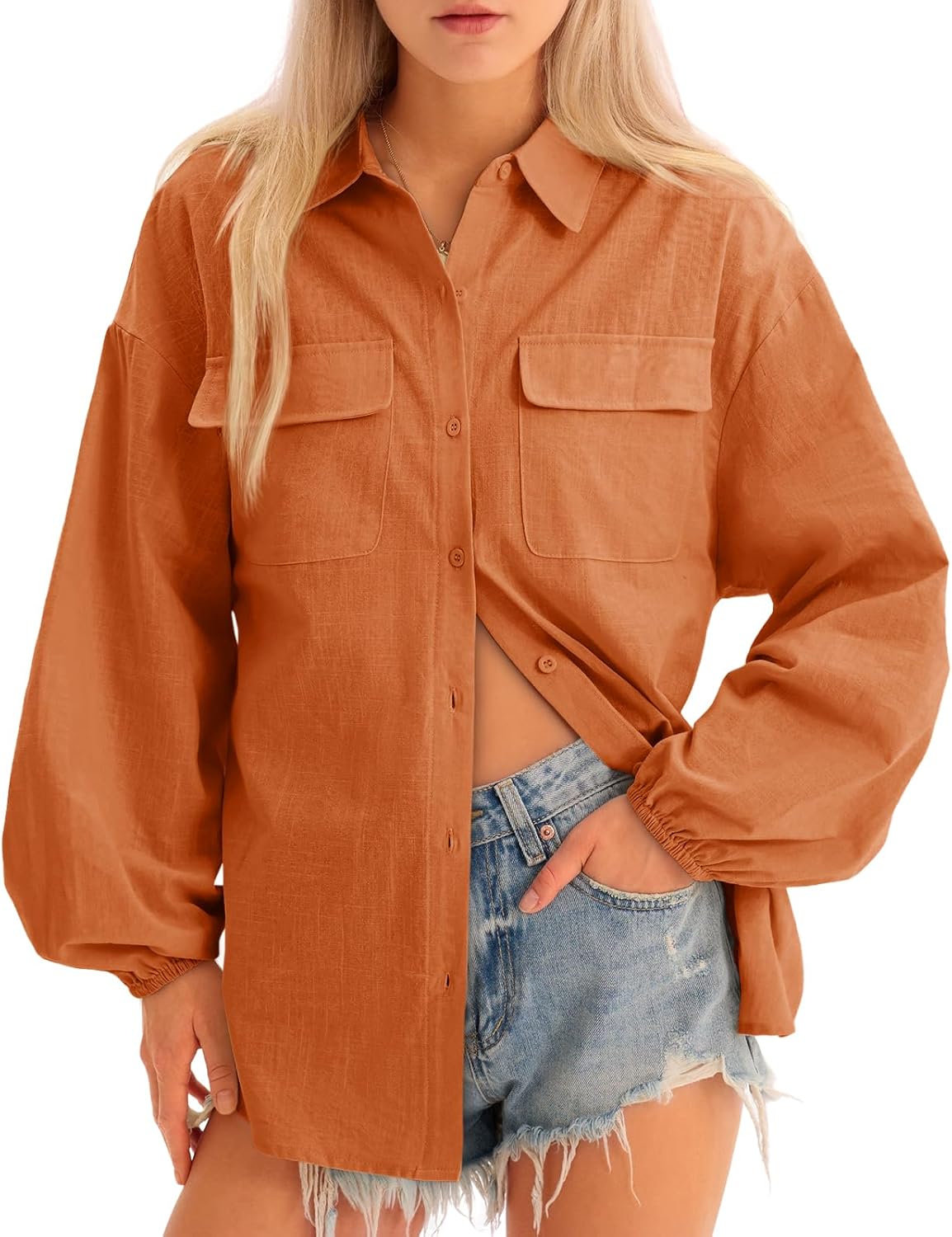 Cicy Bell Womens Oversized Linen Button Down Shirts Puff Long Sleeve Collared V Neck Cotton Blouses Loose Fit Tops - Image 2