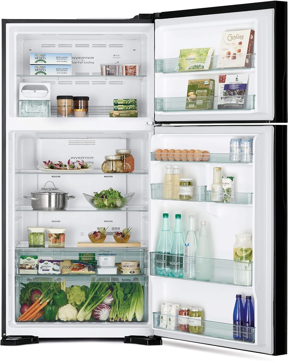 Interior of Hitachi refrigerator filled with various food items.