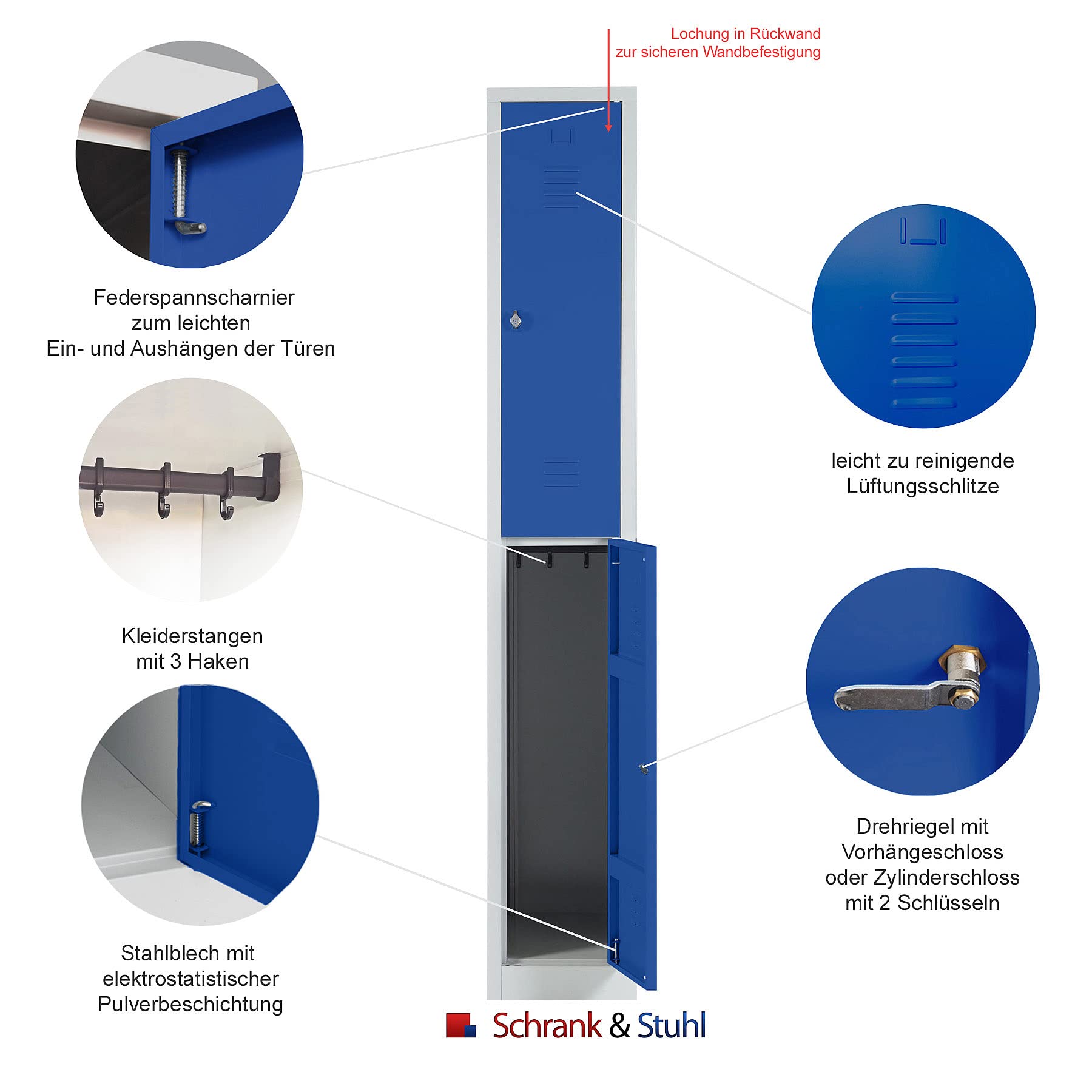 Schrank & Stuhl Spind – Metallspind mit 1 x 2 Abteilen 195 x 31,5 x 50 cm, Schließfachschrank mit Zylinderschlössern, Lieferung komplett montiert, Grau/Blau