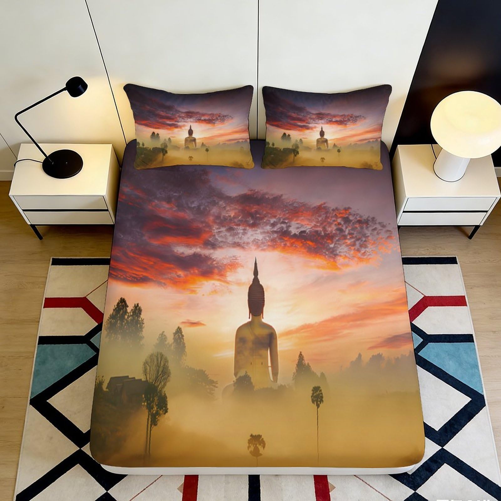 3D Printed Sunrise Temple Fitted Sheet Microfiber Soft Anti-Slip Buddha Landscape Bed Cover for Bedroom Guest Room Decor 90x200x25cm