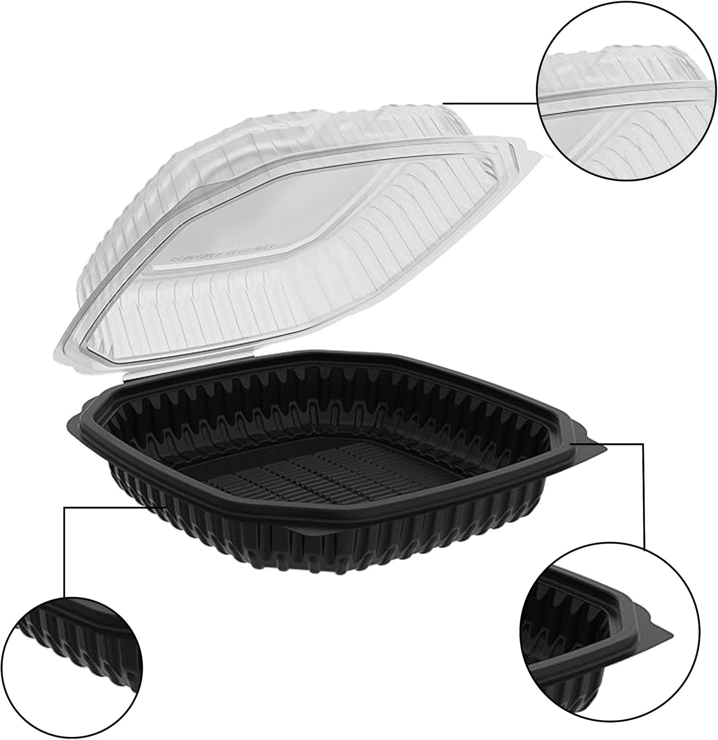 EcoQuality 38oz Black Hinged Takeout Containers with Clear Lids 9x9x3 Inch Food Storage Clamshell for Meal Prep, Restaurant, Catering, and Takeout Packaging (40)