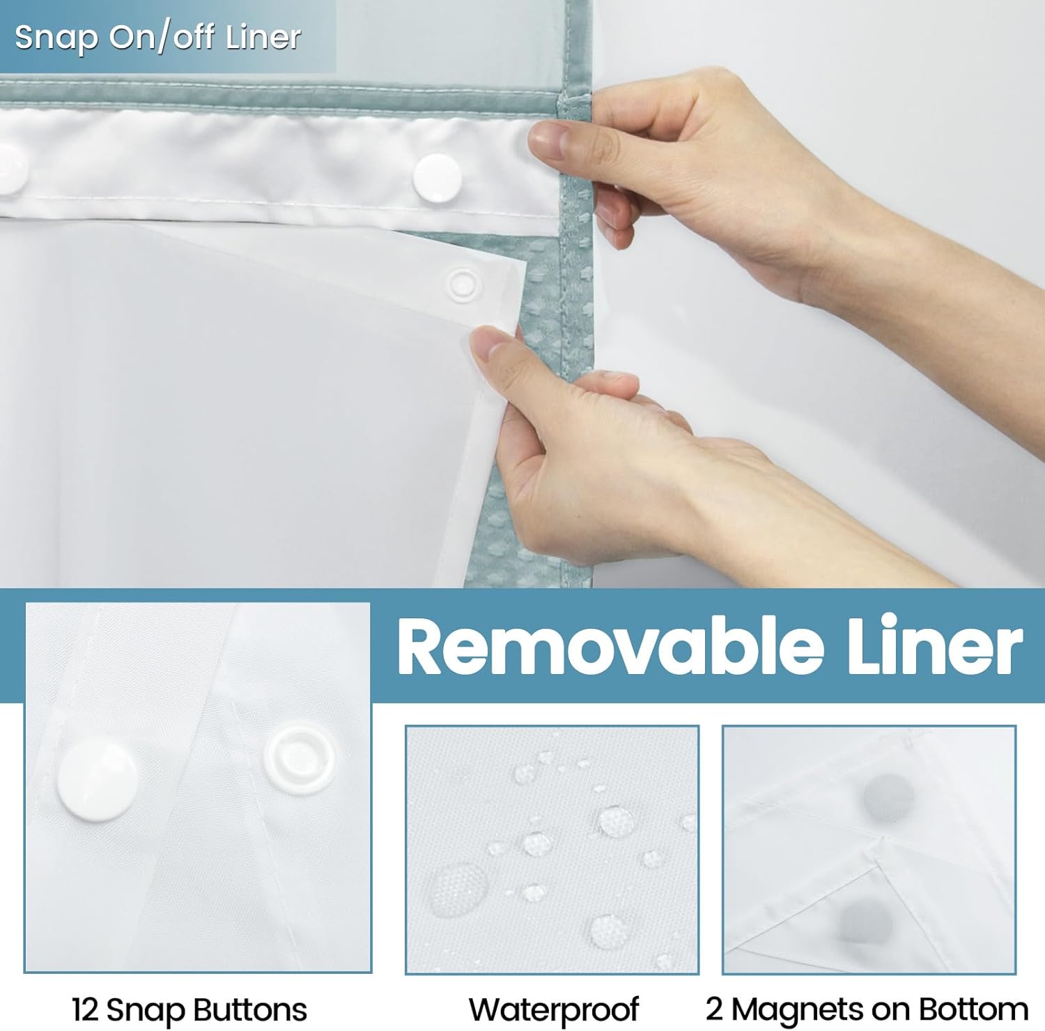 Fog Blue No Hook Shower Curtain with Snap in Liner,230GSM Waffle Weave Shower Curtains for Bathroom,71W x 74H